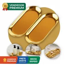 Kit 2 Bandeja Dourada Luxo Espelhada Oval Acessório Inox