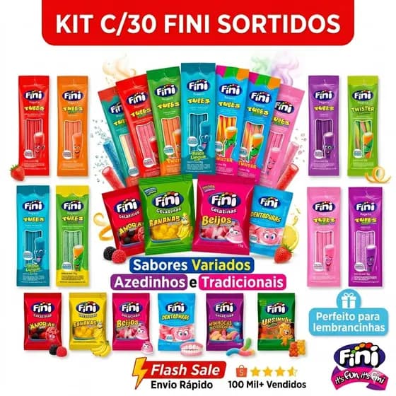 Kit Com 30 unidades De Balas Fini Sabores Variados Balas de Gelatinas Tubes Cítricas Azedinhas 15g