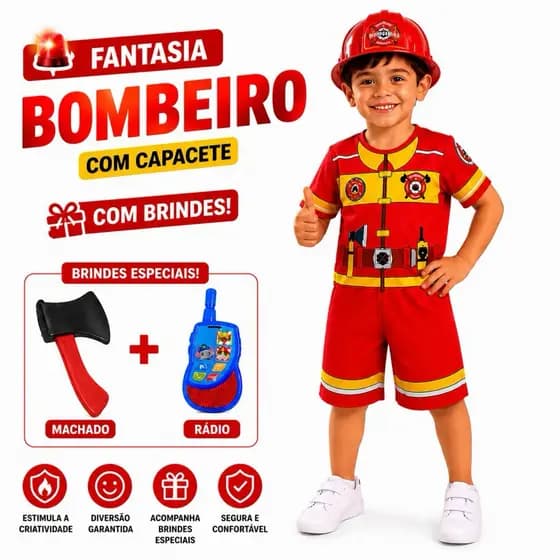 Fantasia bombeiro infantil com capacete + Brinde kit