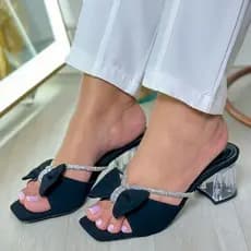 Tamanco Feminino Elegância Laço Meia Cana Salto Bloco Cristal