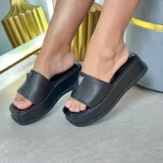 Sandália Feminina Flat Laminado Tamanco Com Glitter Abs Calce Fácil FlatForm Confortável Plataforma
