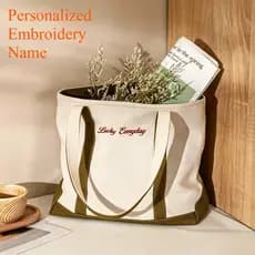 Bolsa Tote De Lona Com Nome Bordado Personalizado Para Mulheres , Simples Casual Diária De Ombro Personalizada Estudante