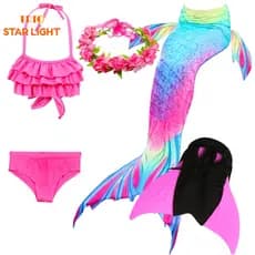 Crianças Sereia Cauda Swimsuit Com Monofin Meninas Festa Cosplay Traje Piscina De Praia
