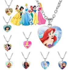 Colar em forma de coração com padrão de princesa, colar de princesa adequado para crianças, presente para meninas
