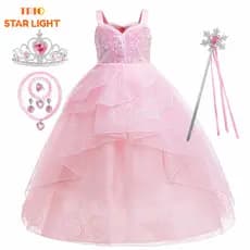 Vestido Rosa Para Festa Infantil , Fantasia De Princesa De Aniversário De Meninas , Longo , Adequado E Performance De Pa