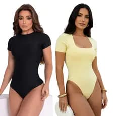 Kit 2 Body manga Feminino Decote Quadrado Suplex Verão Excelente Elasticidade Tecido Respirável