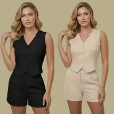 Conjunto Feminino Alfaiataria Colete e Short com Botões Forrados Bolso e Ziper Elegante Conforto