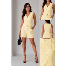 Conjunto Social Alfaiataria Feminino Colete e Short Moda Elegante Minimalista