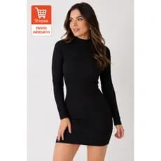 Vestido Canelado com Gola e Manga Longa Tendência