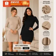 Kit 2 Vestido Canelado Gola Alta e Manga Longa Inverno Frio Elegante Premium