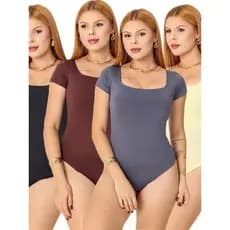 Kit 4 3 2 ou 1 Body Feminino Decote Quadrado Manga Curta Forrado Tecido Respirável Liso Confortável