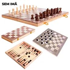 Jogo Xadrez Dama Gamão Tabuleiro 3 Em 1 Madeira Escolha o Tamanho