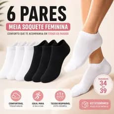 Kit 12 Pares Meia Soquete Feminina Básica Algodão Confortável Respirável Dia a Dia