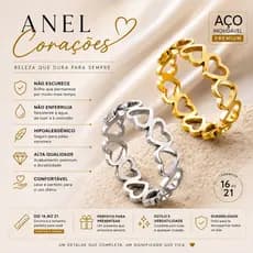 Anel Corações Feminino Aço Inox Dourado e Prata Antialérgico Delicado Tam. 16 ao 21