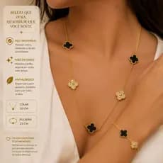 Colar Luxo Trevo Preto Feminino Minimalista Elegante Antialérgico Não Escurece