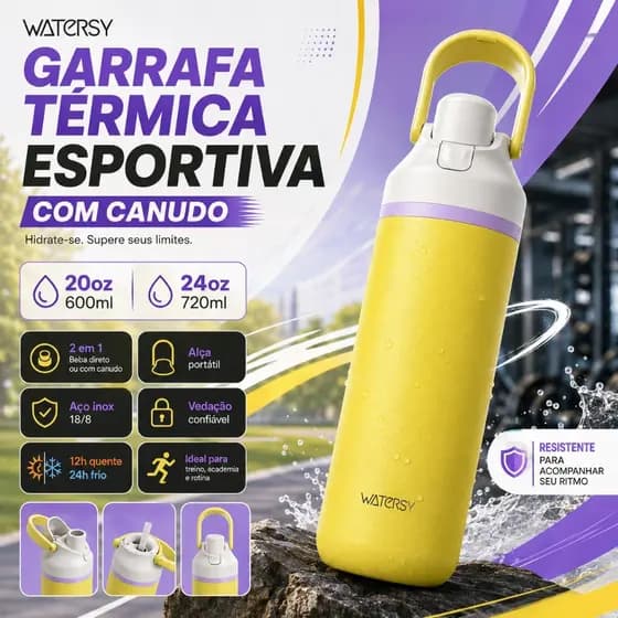 Watersy Garrafa Térmica 600/720ml 24h Frio com Canudo e Alça - Portátil para Academia e Fitness