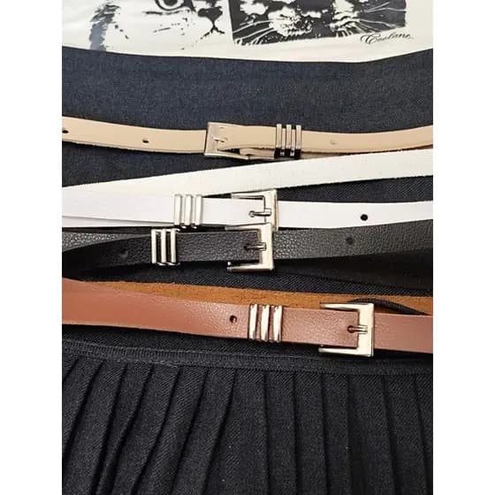 Cinto Feminino Courino Sintético Fivela Prata Quadrada Básico Casual Fino Acessórios Feminino Delicado Prático Tendência