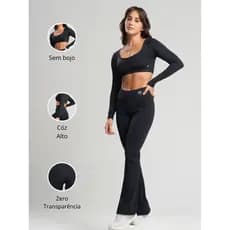 Conjunto Fitness Bailarina Academia Top Manga Longa Legging Flare Suplex Zero Transparência Feminina