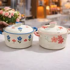 Panela de Porcelana 1,6L com Tampa Floral Travessa para Forno Panela Decorativa para Servir Assadeira  de Porcelana