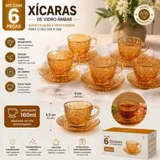 Kit 6 Xícaras Âmbar 160ml com 6 Pires | Xícara de Chá Café Vidro Decorado