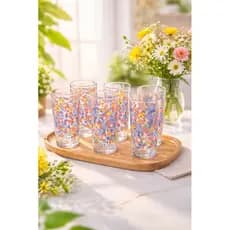 Jogo 6 Copos de Vidro Floral Colorido 300ml | Copos Decorados para Água, Suco e Refrigerante