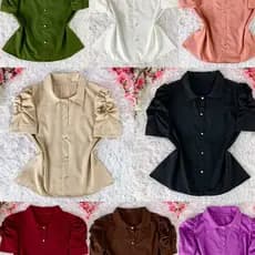Blusa Camisa Feminina Pérola Clássica com Mangas Franzidas -0271