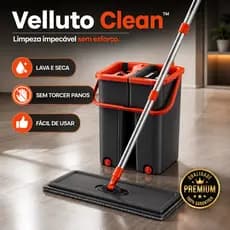 Rodo Mop Flat Lava e Seca com Balde Centrífuga Refil Microfibra Velluto Clean™