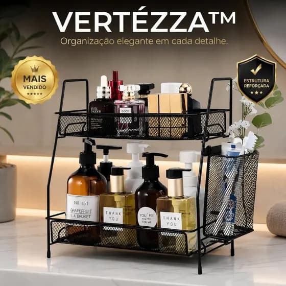Vertézza™ Organizador Vertical Premium 2 Andares Aramado Preto Para Banheiro Cozinha e Escritório
