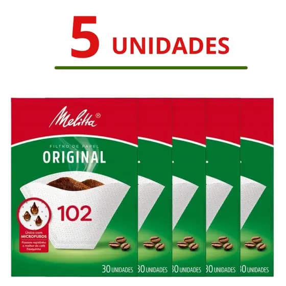 Kit Com 5 Filtro de Papel Café Melitta 102 Descartavél Coador C/ 30 unidades Microfuros
