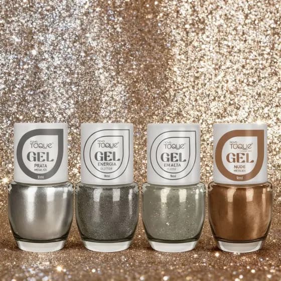Kit 4 Esmaltes Novo Toque em Gel Coleção Glitter Natal Lançamento Manicure Pedicure
