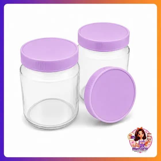 Kit 12 Potes De Vidro 200ml Com Tampas Plasticas Lilas Bebe BPA Free Armazenamento de Leite Materno