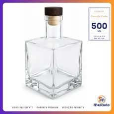 Garrafa de Vidro 500ml Quadrada Cube Tampa Rolha Madeira Azeite Gin Licor Whisky Destilados Vinagre Premium