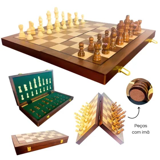 Jogo Xadrez Tabuleiro Com Imã Madeira Profissional 40x40 Cm
