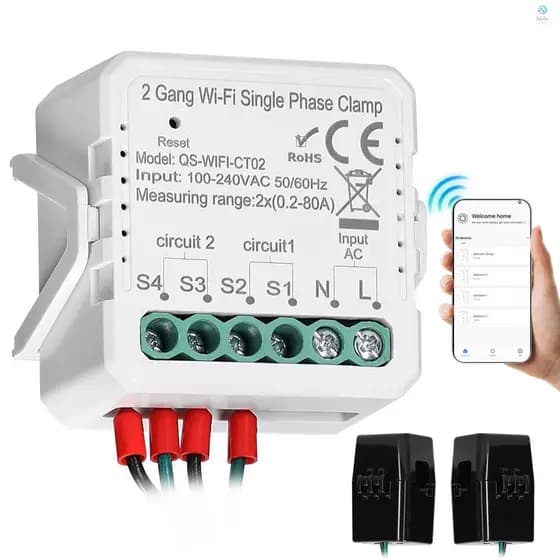 Tuya WiFi 2 Gang 80A Braçadeira Monofásica Solar PV Bidirecional Medidor De Energia Em Dois Sentidos Celular APP Tolo02