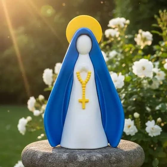 Imagem religiosa estilizada com detalhe de terço em relevo para decoração moderna