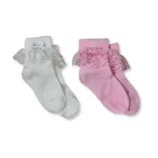 Kit c/ 2 Pares Meia Infantil Menina Renda e Laço para Batizado e Festa