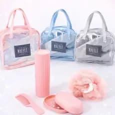 Kit Necessaire Com 5 Itens - Necessaire, Saboneteira, Pente, Esponja e Porta Escova de Dentes