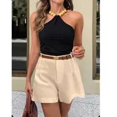 Blusa Feminina Frente Unica com Miçangas Toque de Poliamida | Suplex Gloss Amarração no Pescoço Tendência Casual/ Praia