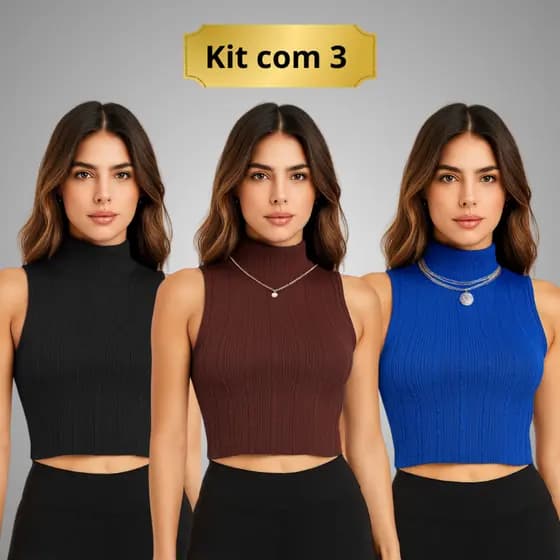 KIT 3 Croppeds Regata/sem manga Gola Alta Canelado Ruga Rugão