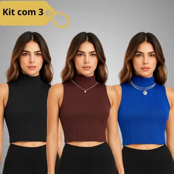 KIT 3 Cropped Feminino Gola Alta Canelado Sem Manga