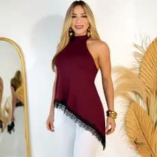 Blusa Feminina Gola Alta Assimétrica com Renda Frente Única Elegante Tecido Leve Verão 2026