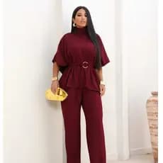 Conjunto Feminino Calça Pantalona e Blusa Manga Morcego com Amarração de Cinto Argola Elegante Outono Inverno Moda Comfy