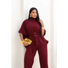 Conjunto Feminino Calça Pantalona e Blusa Manga Morcego com Amarração com  Cinto Argola Elegante Outono Moda Inverno