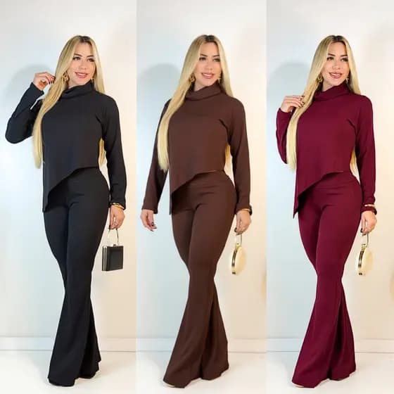 Conjunto Feminino Assimétrico Gola Alta com Manga Longa Calça Flare Inverno com Estilo