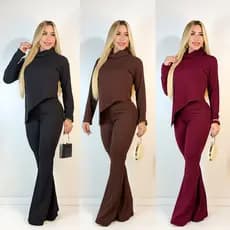 Conjunto Feminino Assimétrico Gola Alta com Manga Longa Calça Flare Inverno com Estilo