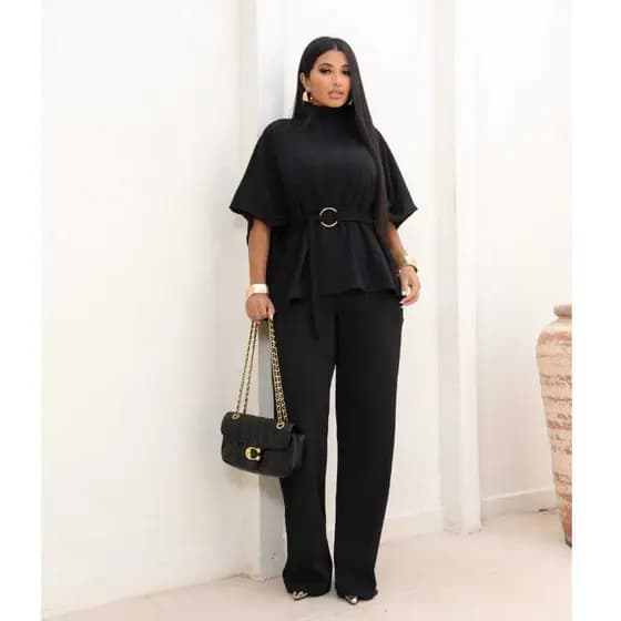Conjunto Feminino Calça Pantalona e Blusa Manga Morcego com Amarração de Cinto Argola Elegante Outono Moda Inverno