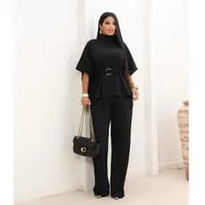 Conjunto Feminino Calça Pantalona e Blusa Manga Morcego com Amarração de Cinto Argola Elegante Outono Moda Inverno