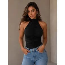 Body Feminino Gola Alta Copa do Brasil 2026 Drapeado Franzido Moda Gringa Suplex Elegante