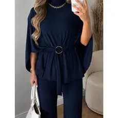 Conjunto Feminino Calça Pantalona e Blusa Manga Morcego com Amarração com Cinto Argola Mulher Elegante Moda Inverno