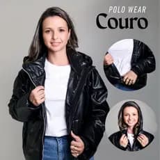 Jaqueta Feminina de Frio Puffer Couro Polo Wear Preto com Capuz e Zíper - Blusa de Frio Couro de Alta qualidade